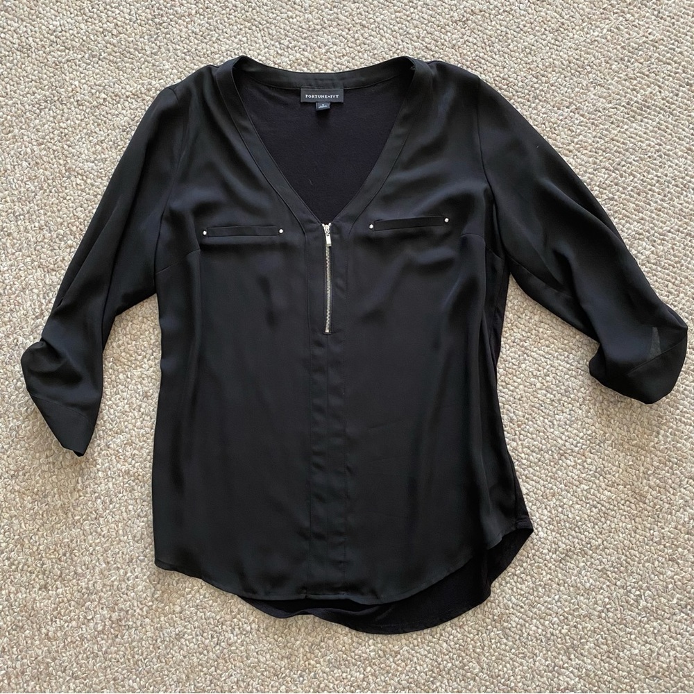 Fortune + Ivy Mixed Material Zipper Blouse, Medium